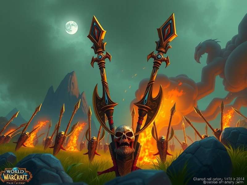 Epic World of Warcraft weapon collection showcasing swords, axes, and staves