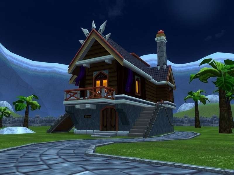 Concept art of a WoW Garrison with buildings and NPCs