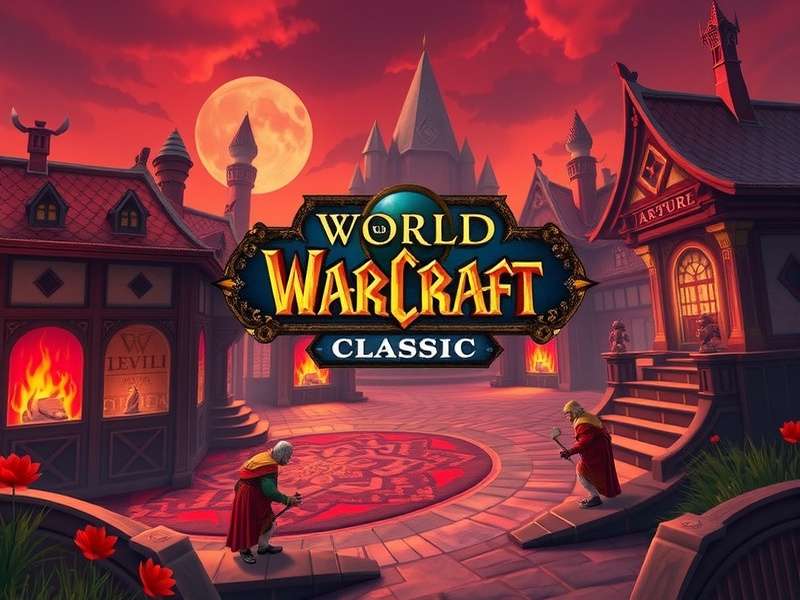 World of Warcraft Classic epic scene with heroes standing before the Dark Portal