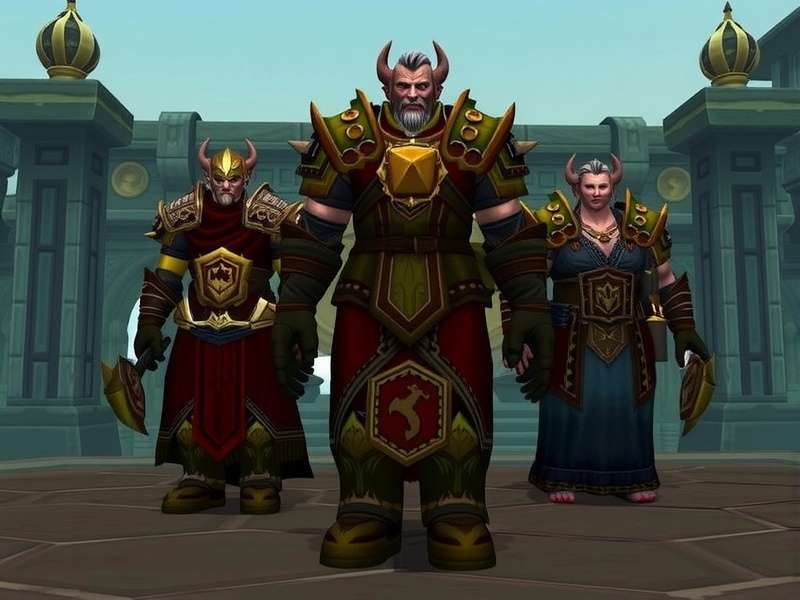 World of Warcraft character showcasing legendary armor sets in a dramatic fantasy landscape